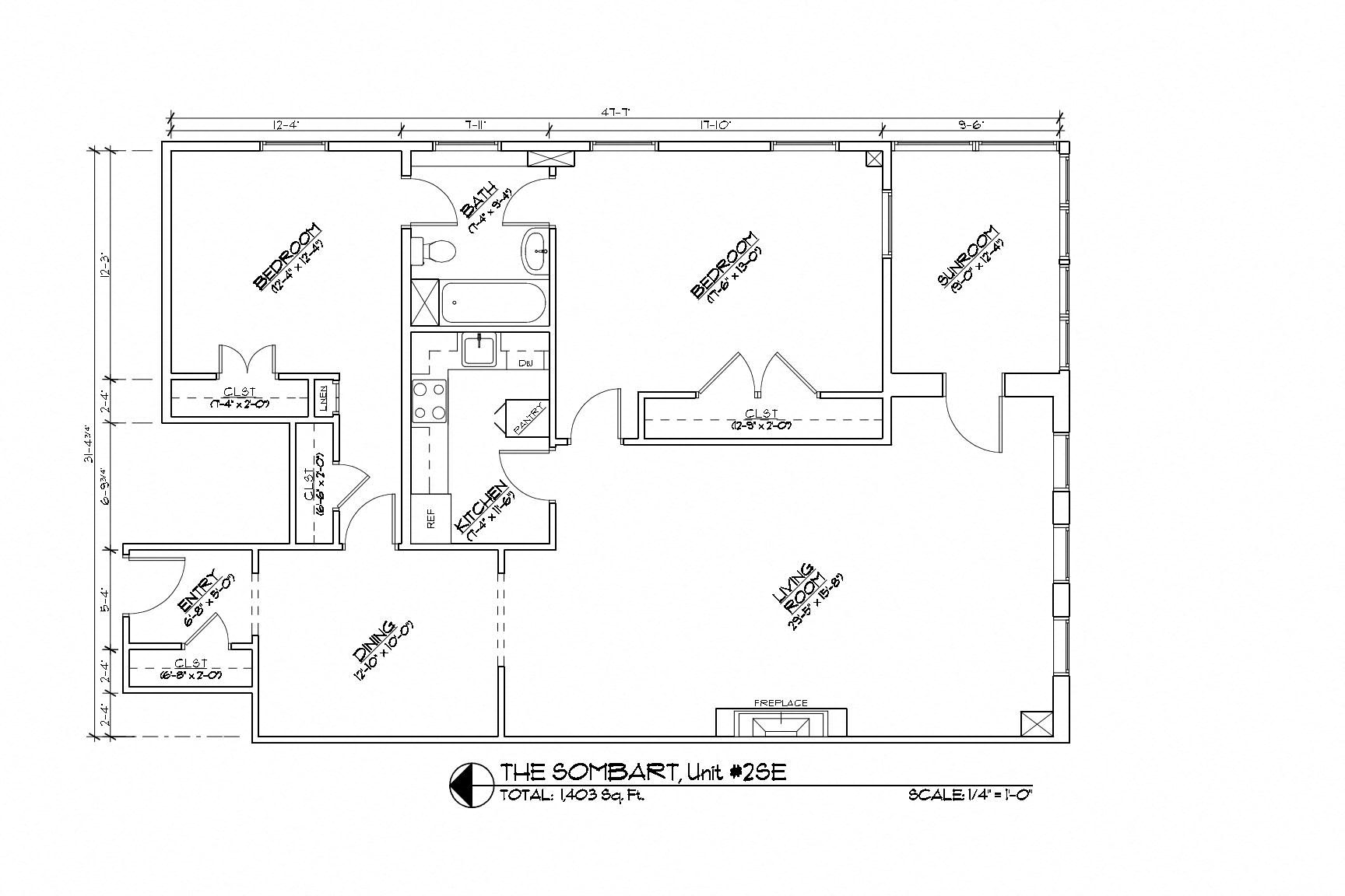 Floor plan for 2 beds, 1 bath, 1400 sqft